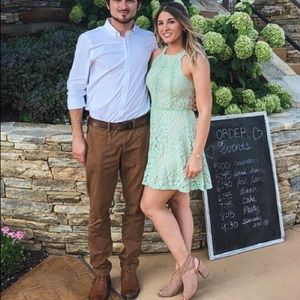 Mint green & nude lace dress, guest wedding, hoco